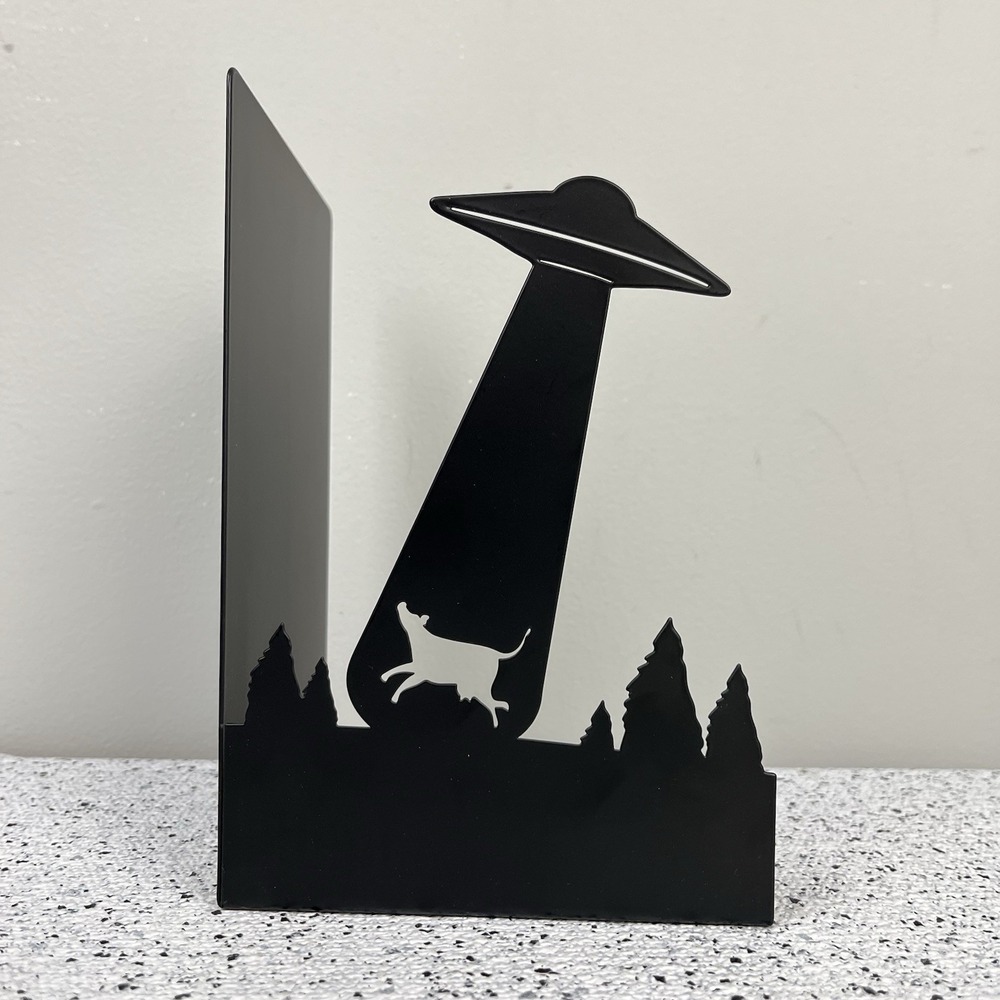 Black Metal UFO Cow Abduction Alien Bookend Novelty Funny